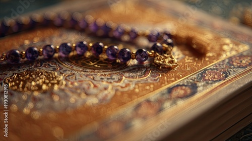 Prayer beads on ornate fabric closeup
