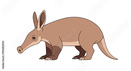 A charming cartoon illustration of a unique aardvark with prominent ears and a distinctive snout, isolated on a white background.