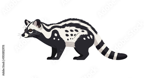 Captivating civet creature with striking black and white patterned fur and a long, banded tail, depicted in a stylized illustration against a clean
