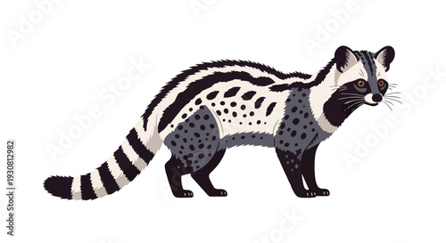Whimsical Illustration of a Spotted Civet Cat with Striking Black and White Markings