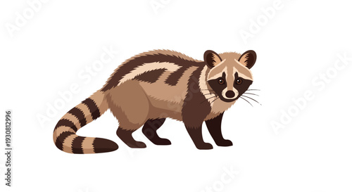 A charming cartoon illustration of a civet cat with distinctive striped fur and a bushy tail set against a plain white background