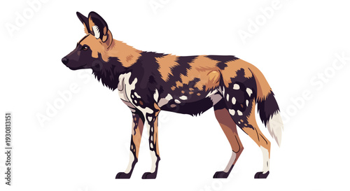 Stylized illustration of an African wild dog featuring its distinctive mottled coat and erect ears against a clean white background, perfect for