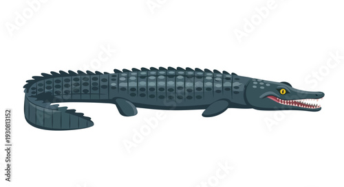 Stylized illustration of a dark gray crocodile with sharp teeth and scaly skin, presented on a clean white background, conveying a prehistoric or