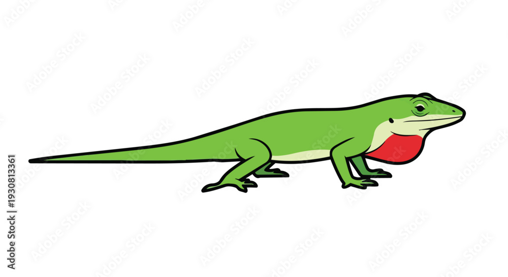 Fototapeta premium Cartoon green lizard with prominent red dewlap displayed against a pure white background, minimalist design