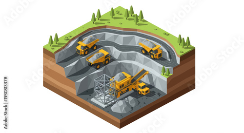 Isometric View of Open Pit Mine with Heavy Equipment.