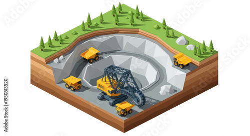 Isometric View of Open-Pit Mining Operation with Heavy Machinery.