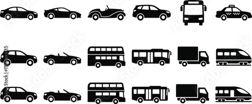 Transportation vehicle silhouette set, cars, bus, truck, taxi and train icons collection, vector illustration isolated on background