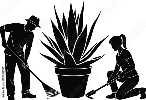 Gardeners working with potted plant silhouette vector illustration, man raking and woman planting, black and white gardening concept, landscaping design artwork