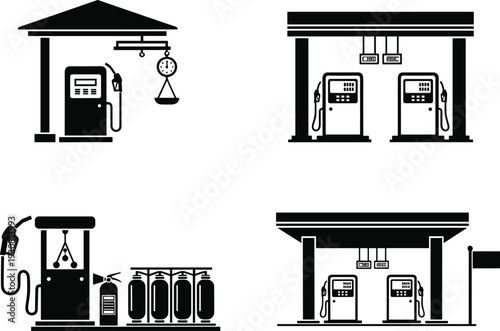 Gas station fuel pump icons vector illustration set, black and white petrol dispenser symbols with canopy and LPG tanks isolated on white background