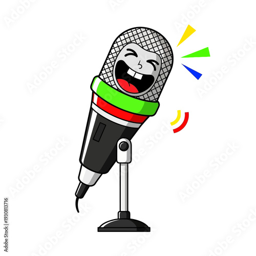 Cartoon Microphone Character Laughing Loudly on Stand