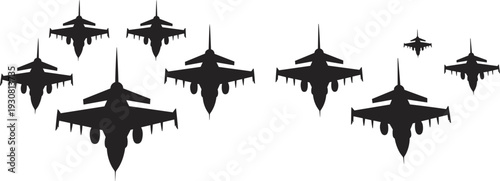 Military fighter jet silhouette vector illustration showing aircraft formation in V-shape, symbolizing aviation, defense, air force, and aerial maneuver design for creative projects.