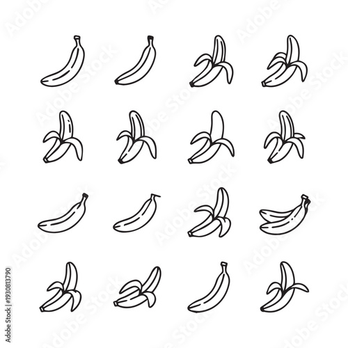 Banana Icons Collection: Peeled and Whole Fruit Illustrations on White Background