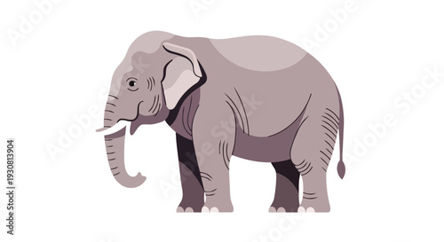 Stylized flat illustration of a gentle elephant standing on a white background, perfect for educational or whimsical design applications