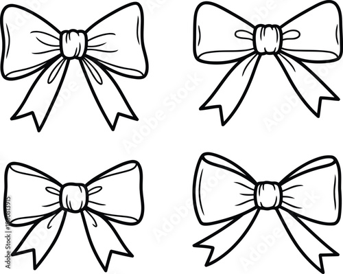 Four identical hand drawn ribbons with tails tied in bows on white background