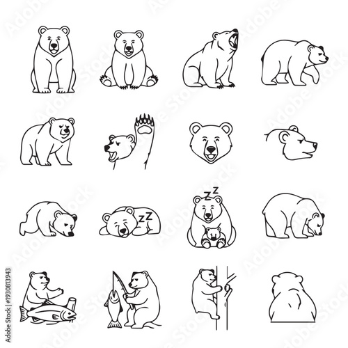 Bear Icons Set: Various Poses and Actions of Cartoon Bears Vector Graphics