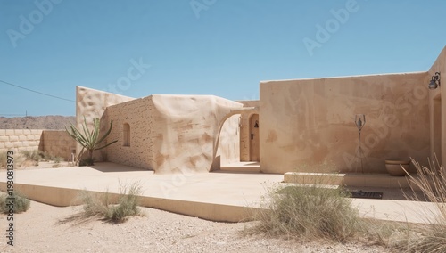View of Adobe Structure in Desert Landscape Under Clear Blue Sky During Daytime