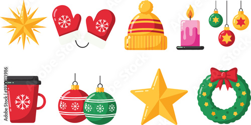 Christmas Holiday Icon Set with Star, Mittens, Candle, Ornaments, Wreath, Mug, and Winter Accessories Vector Illustration