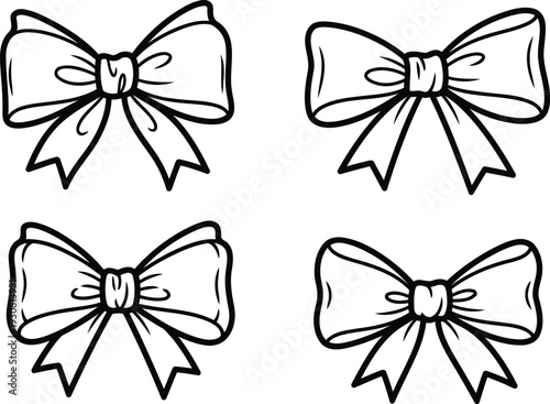 Set of four hand drawn ribbons with bow ties on white background