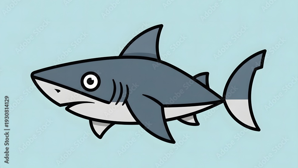 Fototapeta premium Cute cartoon shark flat vector illustration on blue background. Funny marine animal mascot icon. 