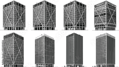 Modern skyscraper office buildings silhouette vector illustration set, contemporary high rise architecture collection, black and white urban cityscape design elements