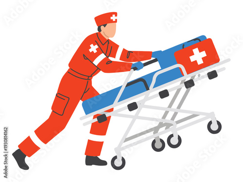 Paramedic pushing medical stretcher with first aid kit, emergency response in action scene