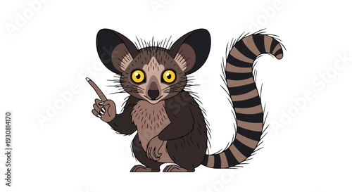 Whimsical cartoon aye-aye with a striped tail and large ears points upwards on a white background, illustrating a delightful and informative character