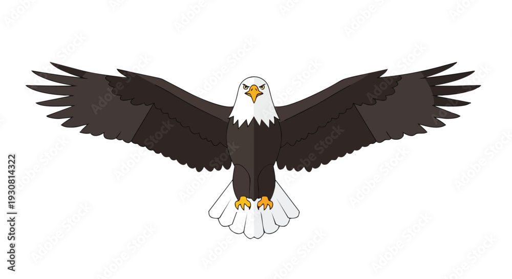 Fototapeta premium A Majestic Bald Eagle Soars with Wings Spread Wide Against a Pure White Background a Symbol of Freedom and Power in Simplistic Cartoon Style
