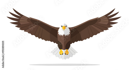 Majestic bald eagle in flight with wings spread wide against a clean white background showcasing its power and grace