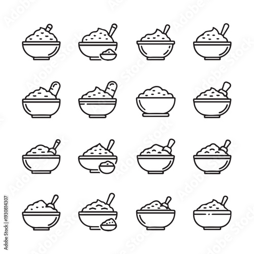 Bowl of Powdered Substance with Spoon Icons Set Food Ingredients Health Supplements