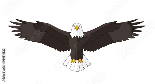 A Majestic Bald Eagle Soars with Wings Spread Wide Against a Pure White Background a Symbol of Freedom and Power in Simplistic Cartoon Style