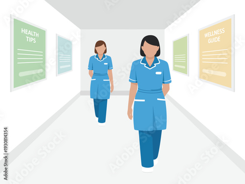 Two female nurses walking down a hospital corridor with health posters on walls