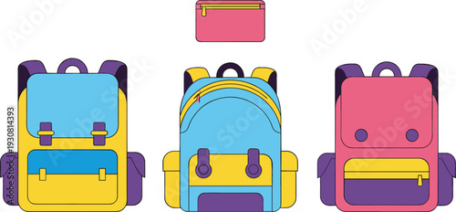 Colorful School Backpack Set with Front Views and Pencil Case for Student Supplies, Education, and Back to School Vector Illustration