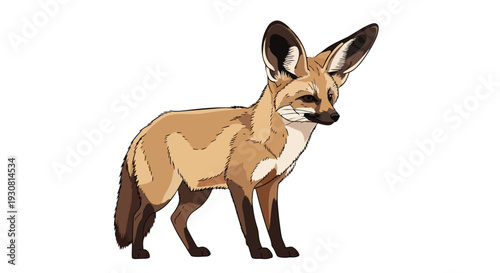 Stylized illustration of a bat-eared fox with prominent ears and sandy fur standing on a white background, animal portrait