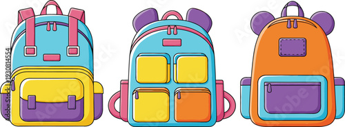 Colorful School Backpack Set with Front, Side, and Back Views for Kids Education, Travel, and Student Accessories Vector Illustration