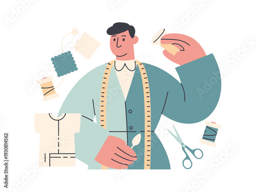 Cartoon tailor with measuring tape and scissors, illustration of fashion designer at work
