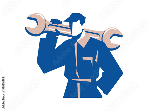 Blue worker with large wrench