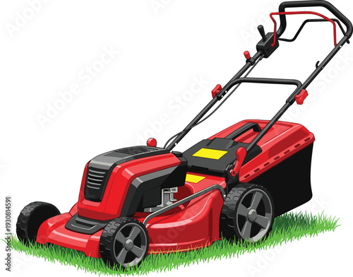 Red gasoline powered lawn mower vector illustration, modern garden grass cutting machine isolated on white background, landscaping equipment with catcher box and wheels