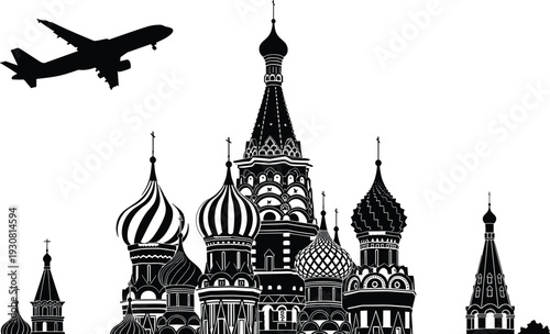 Russian cathedral architecture silhouette vector illustration, iconic onion domes skyline with airplane, black and white city landmark design, travel concept artwork