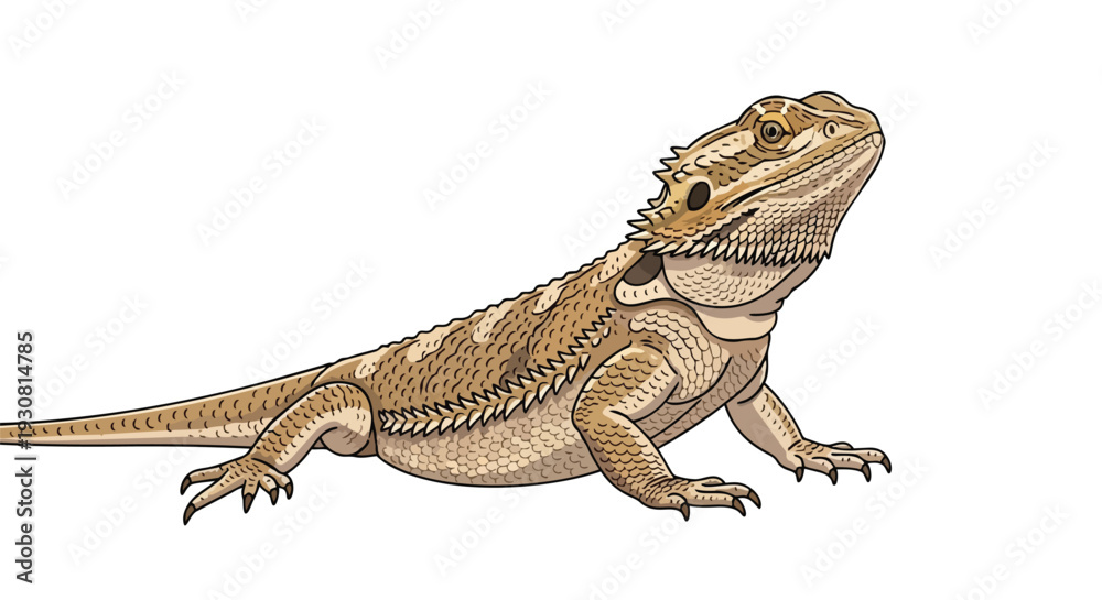 Obraz premium Detailed illustration of a solitary bearded dragon reptile on a clean white background isolated, showcasing its scaly skin texture and