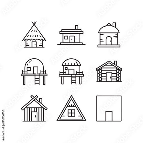 Various Hut and House Styles Collection Outline Icons