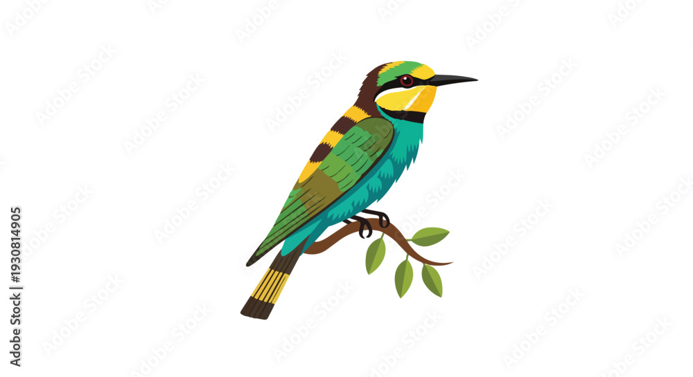 Obraz premium Vibrant, exotic avian creature perched gracefully on a delicate tree branch adorned with verdant foliage, set against a pure white backdrop