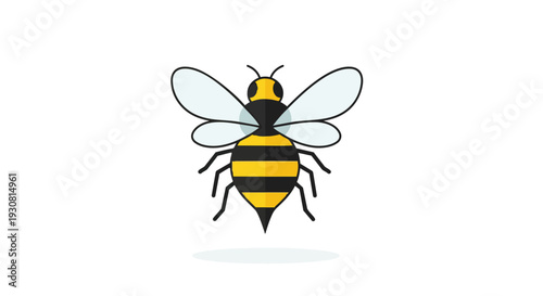 Simple, stylized illustration of a bee with bold black and yellow stripes and translucent wings, floating against a clean white background