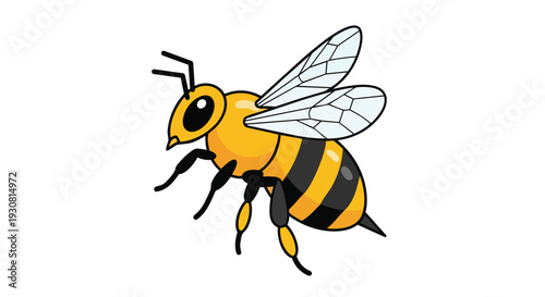 Whimsical Illustration of a Stylized Yellow and Black Striped Bee with Translucent Wings Set Against a White Background