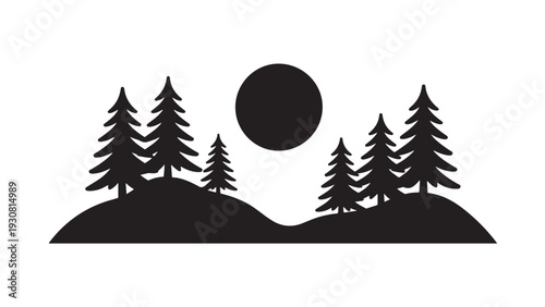 Black silhouette of trees and moon on a hill pine forest