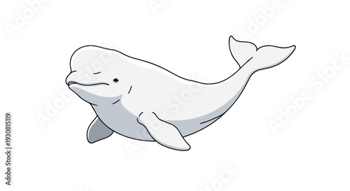 Charming cartoon illustration of a white beluga whale with its distinctive rounded head and gentle expression swimming serenely