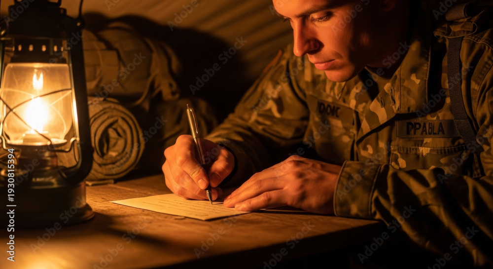 Obraz premium Soldier Writing a Letter by Lamplight