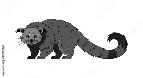 A charming cartoon illustration of a furry grey creature with a bushy tail and alert yellow eyes against a white background