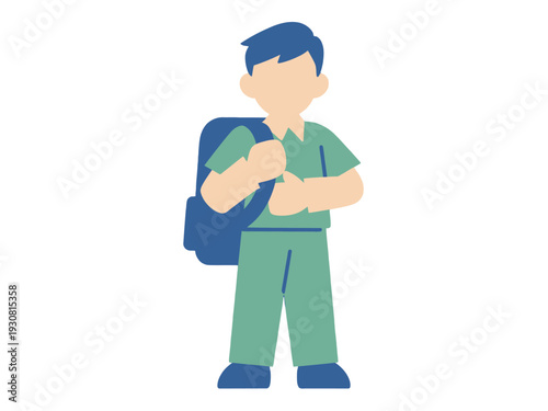 Cartoon boy with green outfit and blue backpack standing confidently alone