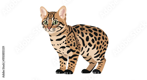 A charming illustration of an ocelot cat with distinctive spotted and striped fur and bright green eyes standing on a white background