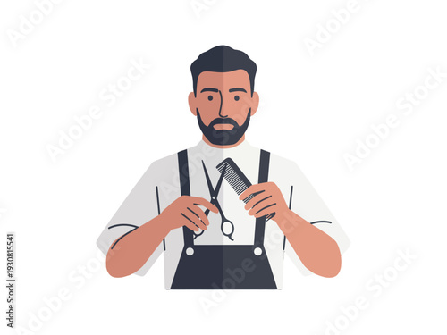 Cartoon barber with scissors and comb, ready to cut hair, stylish illustration